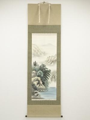 光暘筆　彩色山水　肉筆絹本掛軸（共箱）